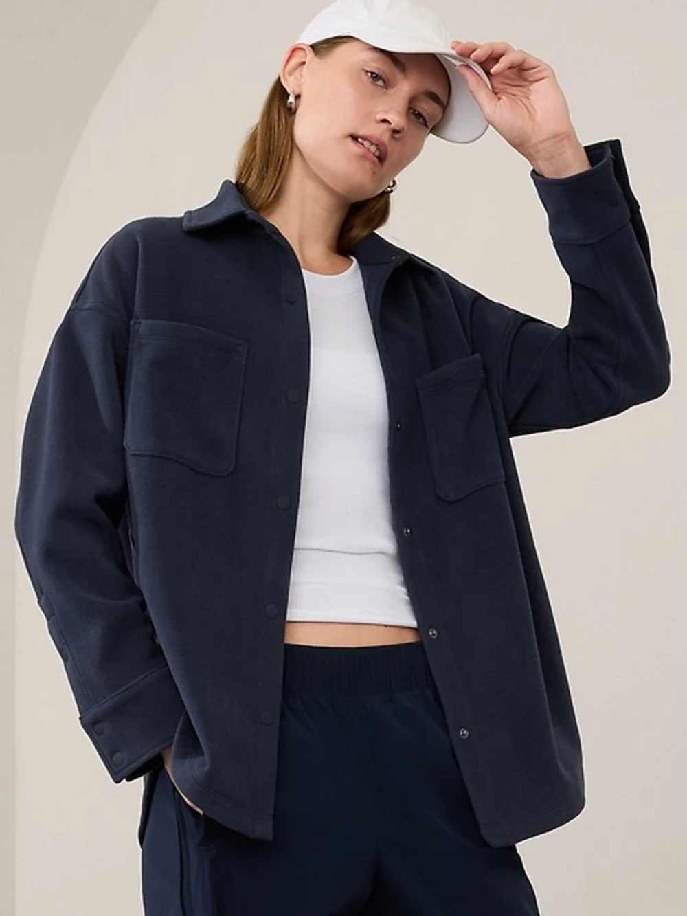 Athleta M Fleece Shirt Jacket Fall Cozy Layer Outdoor Relaxed Minimalist Preppy